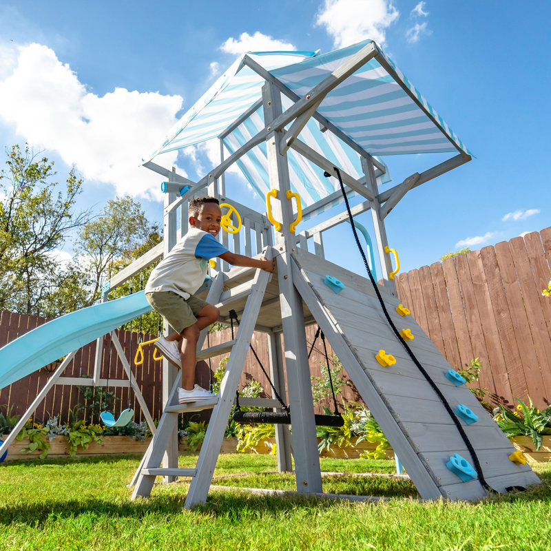 Teamson Kids Laguna Outdoor Wooden Swing Set With Slide & Rock